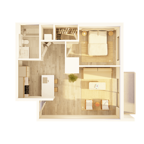 Floor plan for 1 bed, 1 bath, 659 sqft